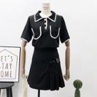 Set: Contrasted Polo Shirt + Buckled A-line Skirt