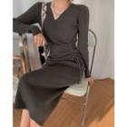 Long-sleeve V-neck Plain Knit Dress Gray - One Size