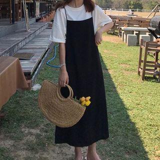 Sleeveless Spaghetti-strap Plain Dress Black - One Size