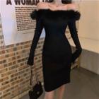 Off-shoulder Faux Fur Trim Sheath Dress
