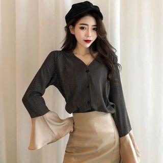 Striped Bell-sleeve V-neck Blouse As Shown In Figure - One Size