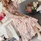 Ruffle Flower Print Elbow-sleeve Midi A-line Dress