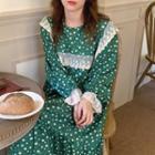 Bell-sleeve Lace Trim Floral Dress Green - One Size