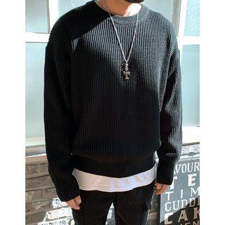 Print-patched Rib-knit Oversized Sweater