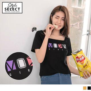 Lettering Square Collar Short-sleeve Top