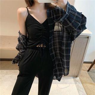 Plain Drawcord Strap Top / Check Long-sleeve Blouse / High-waist Wide-leg Pants