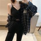 Plain Drawcord Strap Top / Check Long-sleeve Blouse / High-waist Wide-leg Pants
