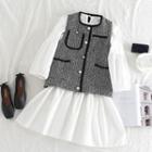 Lantern-sleeve Plain Ruffled Dress / Contrast Trim Tweed Vest