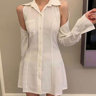 Cut-out Long-sleeve Mini Shirtdress