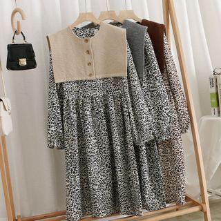 Set : Printed Leopard Long-sleeve Dress + Crewneck Knit Cape