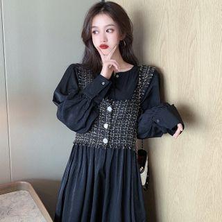 Lantern-sleeve Midi A-line Dress / Cropped Tweed Vest