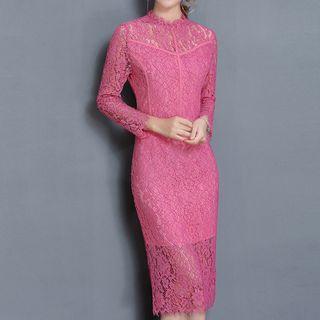 Long-sleeve Lace Sheath Midi Dress