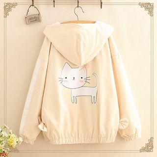 Cat Print Bow-detail Hooded Zip Jacket