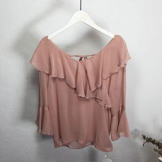 Ruffle Trim V-neck Long Sleeve Chiffon Blouse