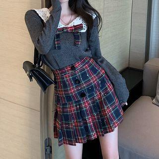 Long-sleeve Paneled Knit Top / Plaid Mini A-line Skirt