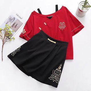 Set: Elbow-sleeve Embroidered T-shirt + Mini A-line Skirt