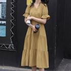 V-neck Tiered Plain Midi Dress Yellow - One Size