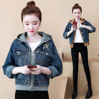 Mock Two-piece Sequined Hooded Zip Denim Jacket