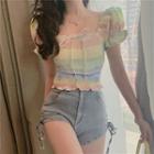 Color Panel Off-shoulder Puff-sleeve Top Multicolors - One Size