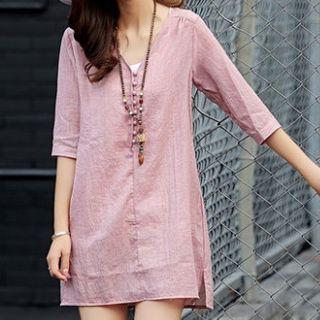 Elbow-sleeve V-neck Linen Tunic Top