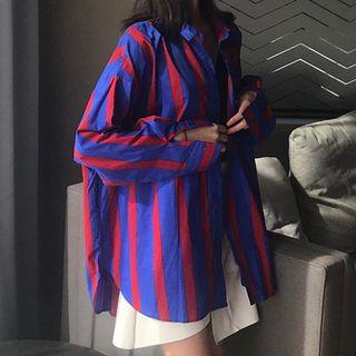 Striped Shirt / Faux Leather Mini Asymmetric Skirt