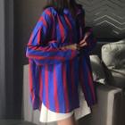 Striped Shirt / Faux Leather Mini Asymmetric Skirt