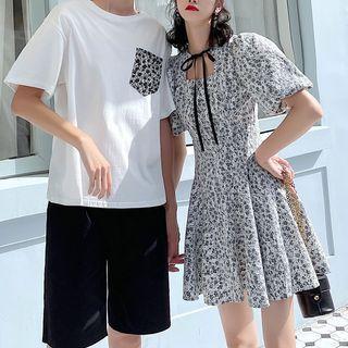 Couple Matching Short-sleeve Floral Mini A-line Dress / Short-sleeve T-shirt / Shorts / Set