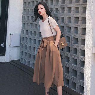 Set: Short-sleeve Plain T-shirt + Tie-waist A-line Skirt