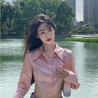 Long-sleeve Crop Shirt Pink - One Size
