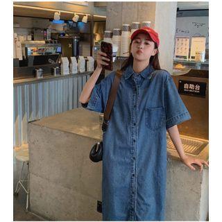 Washed Denim A-line Shirtdress