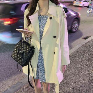 Double-breasted Trench Jacket / Long-sleeve Floral Print Mini A-line Dress