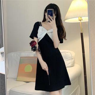 Short-sleeve Rhinestone Trim Mini A-line Dress
