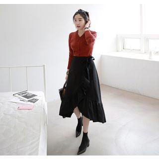Frilled Long Surplice-wrap Skirt
