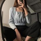 Square-neck Long-sleeve Denim Blouse As Shown In Figure - One Size