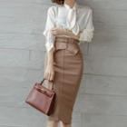 Set: Tie-neck Blouse + High-waist Midi Pencil Skirt
