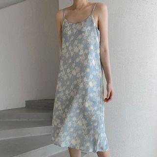 Spaghetti-strap Printed Long Dress Light Blue - One Size