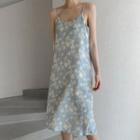 Spaghetti-strap Printed Long Dress Light Blue - One Size