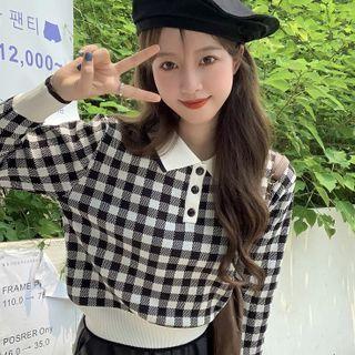 Long-sleeve Plaid Cropped Knit Top