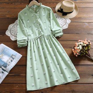 Long-sleeve Floral Embroidery Midi A-line Dress