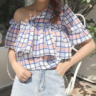 Short-sleeve Off Shoulder Plaid Blouse