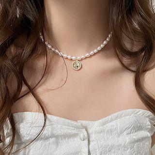 Faux Cat Eye Stone Pendant Freshwater Pearl Choker