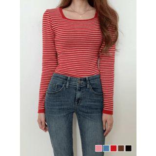 Square-neck Slim Stripe Knit Top