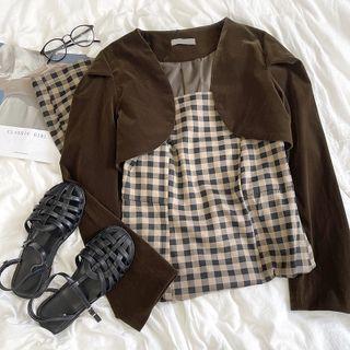 Plaid Spaghetti-strap Dress / Long-sleeve Cropped Velvet Jacket