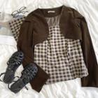 Plaid Spaghetti-strap Dress / Long-sleeve Cropped Velvet Jacket