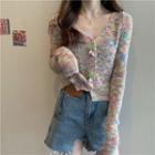 Cherry Detail V-neck Cardigan Pink & Yellow & Blue - One Size