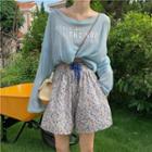 Round-neck Lettering Long-sleeve Top / High-waist Floral Shorts