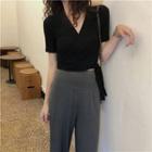V-neck Short-sleeve T-shirt / High-waist Wide-leg Pants