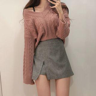 Long-sleeve Asymmetric Shoulder Cable Knit Top / High-waist Asymmetric Skirt