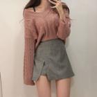 Long-sleeve Asymmetric Shoulder Cable Knit Top / High-waist Asymmetric Skirt