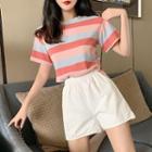 Striped Short-sleeve T-shirt / Elastic Waist Shorts